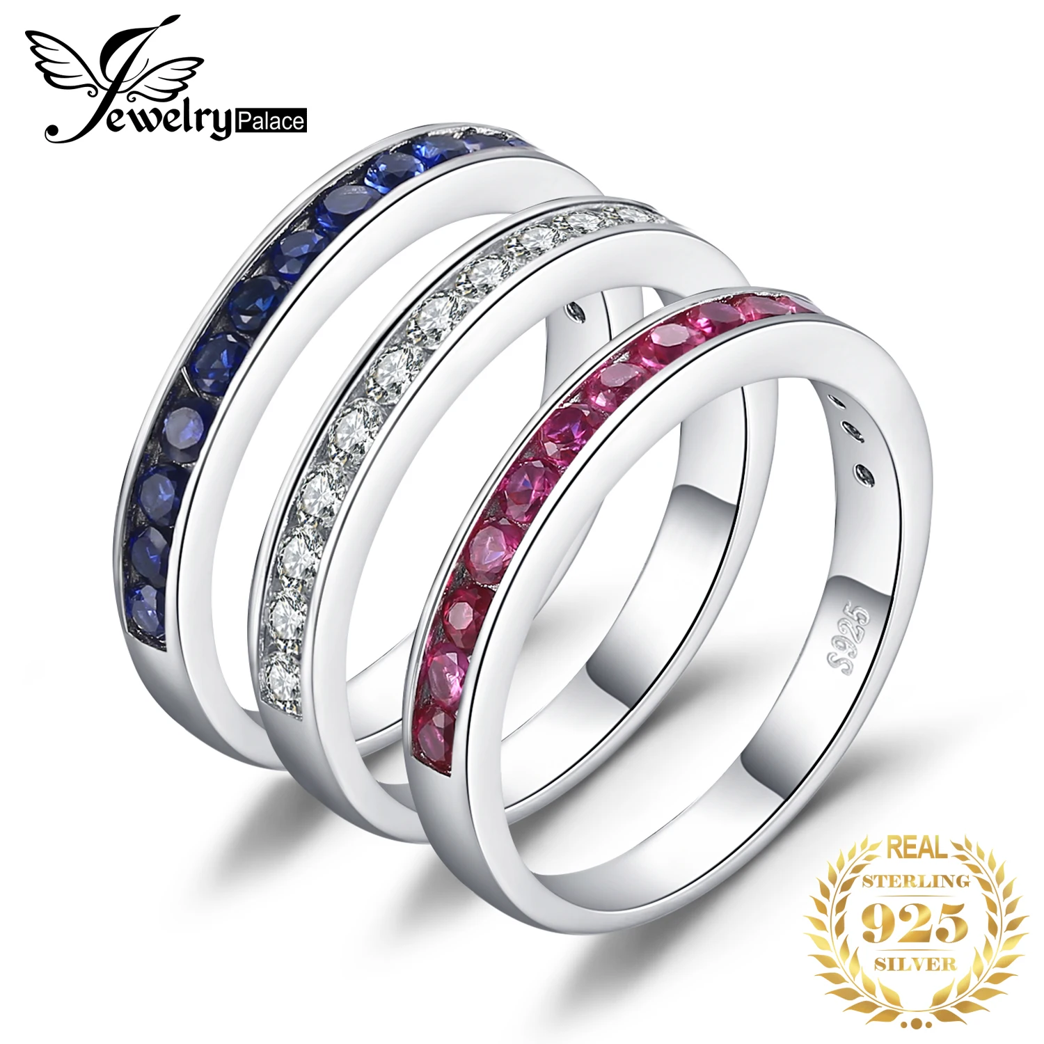 Jewelrypalace три стека 1.8ct круглый создан Рубин Сапфир Свадебный коктейль группа