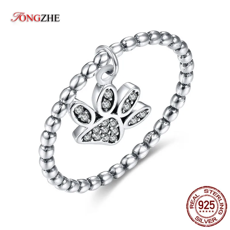 TONGZHE 925 пробы Серебряное кольцо с маленьким котом медведем лапа подвеска