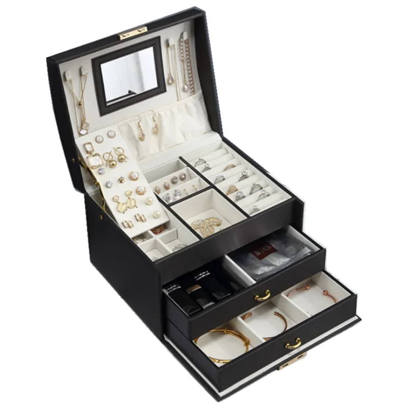 

Трехслойная шкатулка для ювелирных изделий из высококачественной искусственной кожи черного цвета, новинка 2022