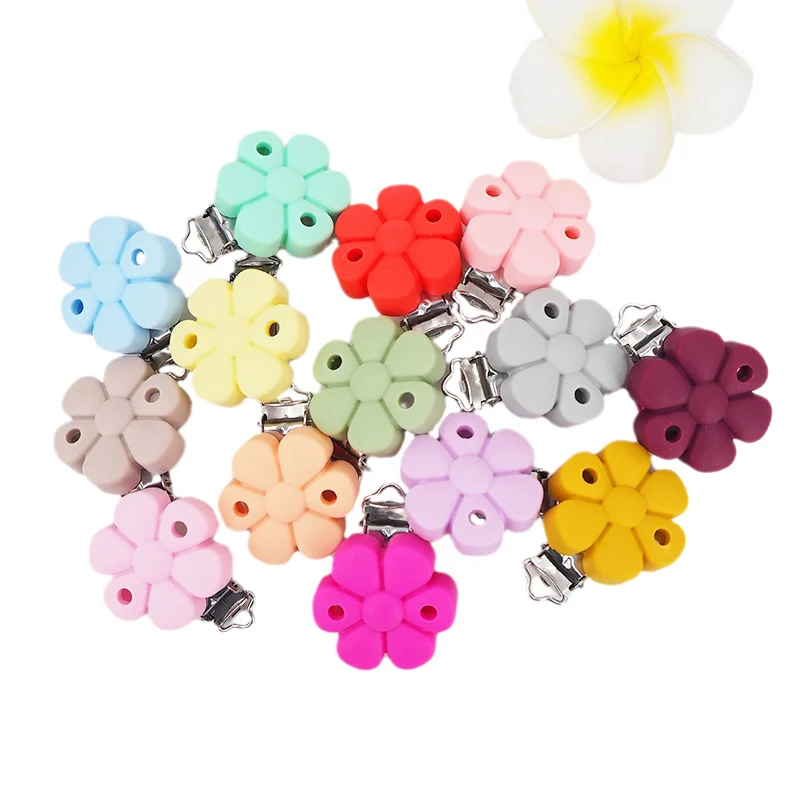 Chenkai 50PCS Flower Shape Silicone Clip BPA Free DIY Infant Necklace Pendant Sensory Nursing Pacifier Teething Cilps Toys Gift