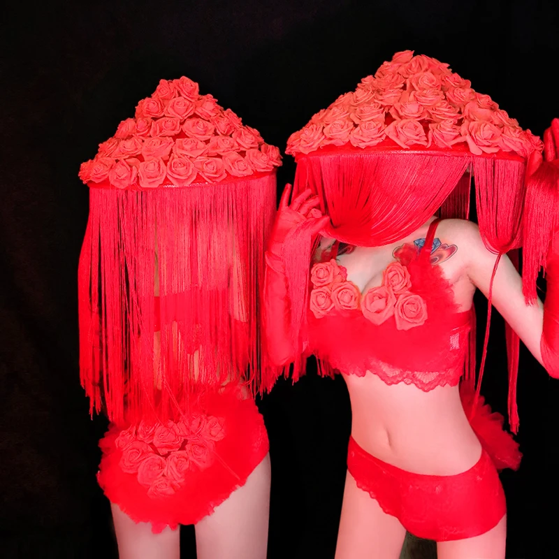 

Sexy Rose Bikini Adult Dance Costume Clothing Red Fringe Hat Nightclub Stage Dance Wear Women Party Performance DJ Outfit Rave