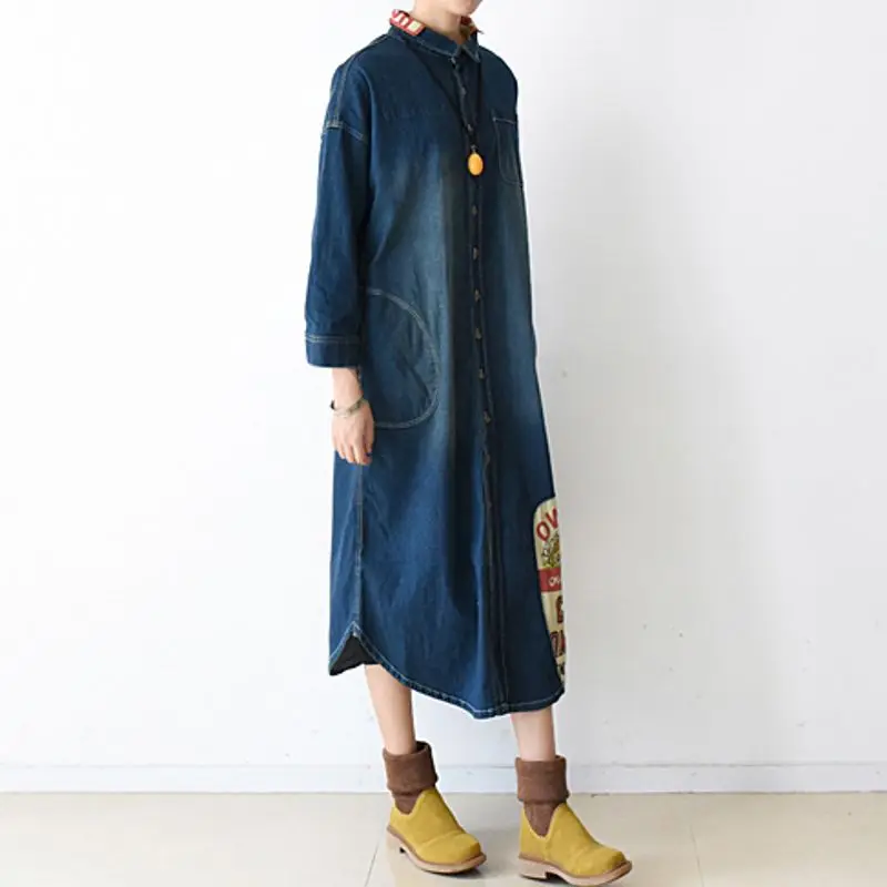Женское джинсовое платье с длинным рукавом свободная однобортная верхняя одежда