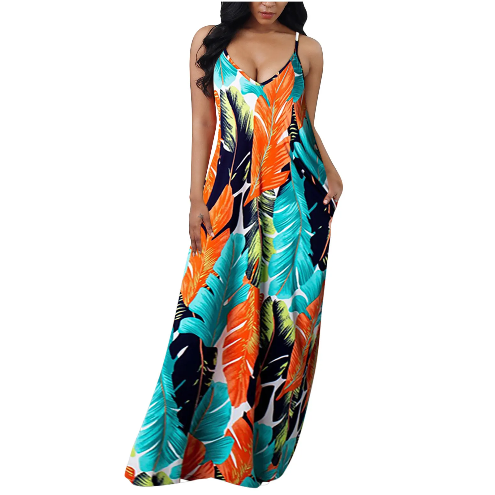2021 Fashion Feather Print Pattern Dresses Women Summer Large Size Printed Loose Sleeveless V-neck Dress | Женская одежда