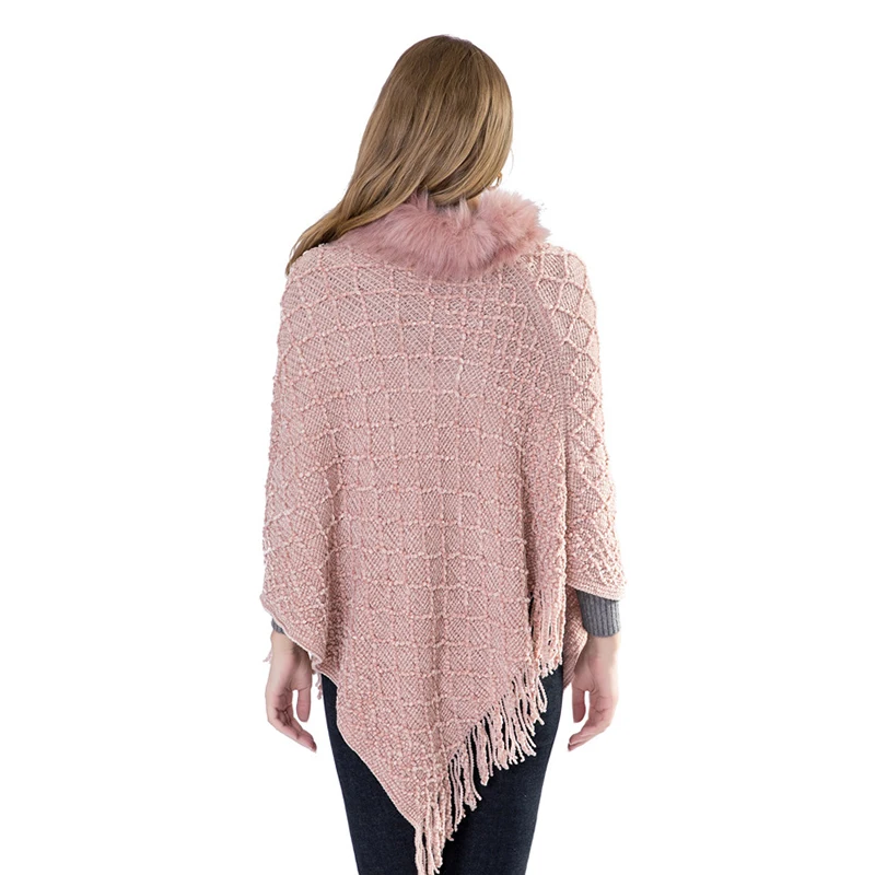 

England Style Solid Color Women Faux Fur Collar Plaid Shawl Lady Autumn Winter Tassel Pullovers Poncho