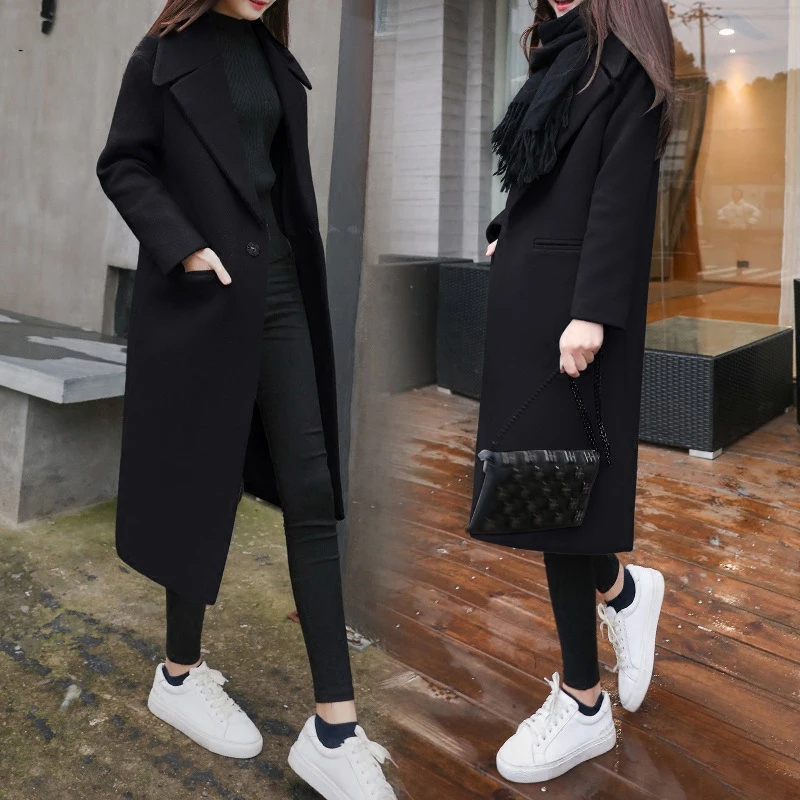 

Wool Women Winter Thicker Long Slim Solid Simple All-match Turn-down Collar Pockets Leisure Daily Blends Womens Elegant Ladies