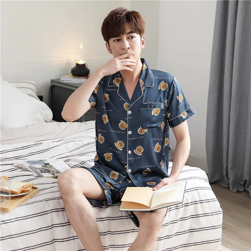 

Pajamas Summer New Style Men Imitated Silk Fabric Short Sleeve Shorts Suit Silky Thin Viscose Comfortable Home Wear Men'S