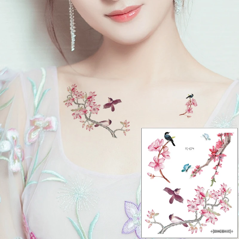 Тату наклейка Цветок Птица цветной рисунок дизайн тело искусство водопереводной