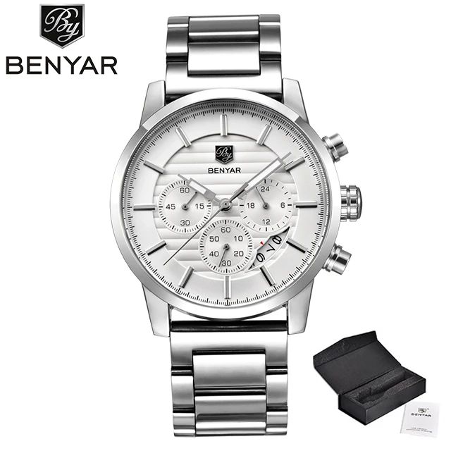 silver white Бренд класса люкс Benyar мужские часы полностью стальные спортивные наручные часы мужские армейские военные часы Мужские кварцевые часы Relogio Masculino - Цвет: silver white