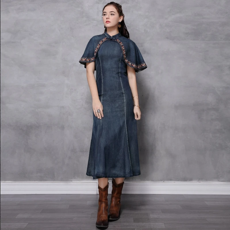 2020 летнее платье новое тонкое джинсовое Ципао средней длины с вышивкой в стиле