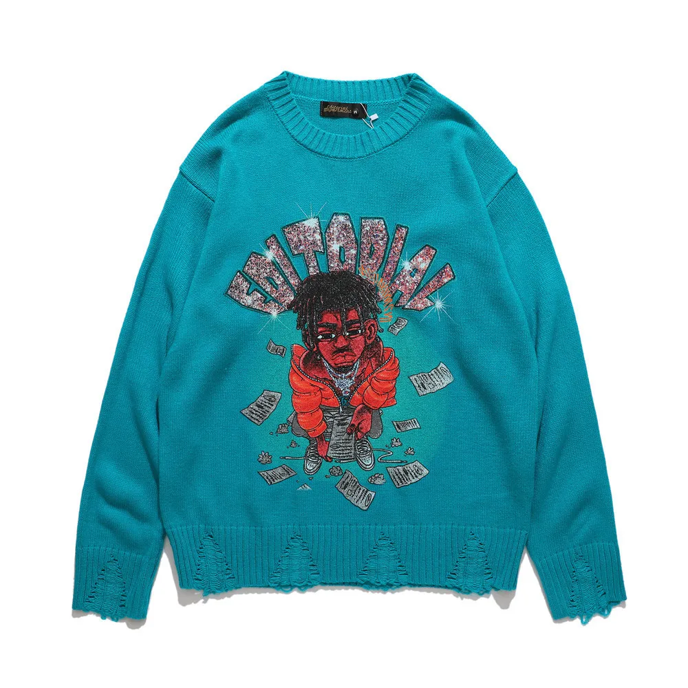 

EukaaRu Autumn Streetwear Black Sweater Men Clothing 2021 Fashion Cartoon Character Printed Sweater Hip Hop Mens Sweater Tops