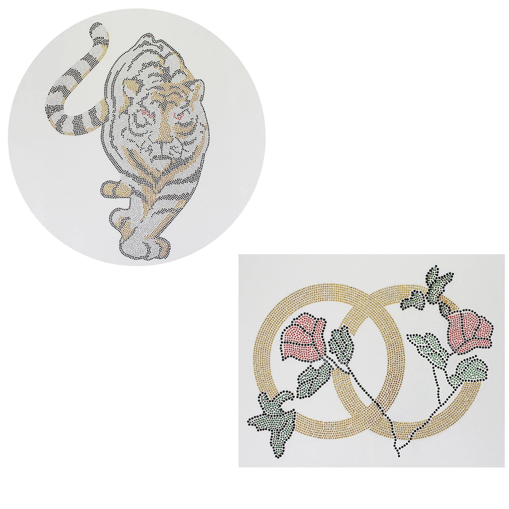 

Large Tiger Rhinestone Circle Rose Flower Transfer Hotfix Motifs Iron on Patches