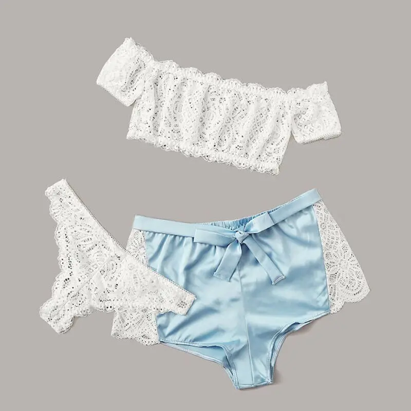 Женские атласные шелковые кружевные пижамные шорты Стринги Babydoll нижнее белье Ночная рубашка пижамы комплект из 3 предметов