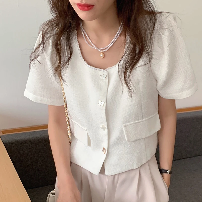 

Korean Chic Summer French Style Thin Square Collar Raw Edge Stitching Chic Single-Breasted Puff Sleeve Suit Short Jacket Female