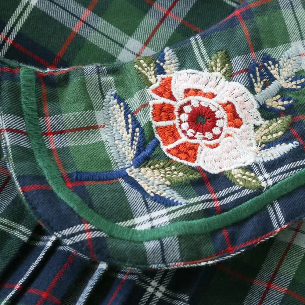 Элегантные женские блузки 2019 с длинным рукавом цветочной вышивкой в клетку на