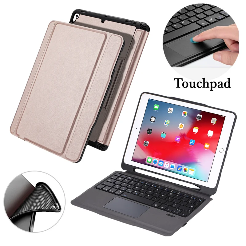 T205-touchpad-rose Чехол для iPad 6th 9,7 дюймов, съемная клавиатура с держателем для карандашей, подставка, кожаный чехол для iPad 9,7, чехол с клавиатурой A1893 A1954 - Цвет: T205-touchpad-rose