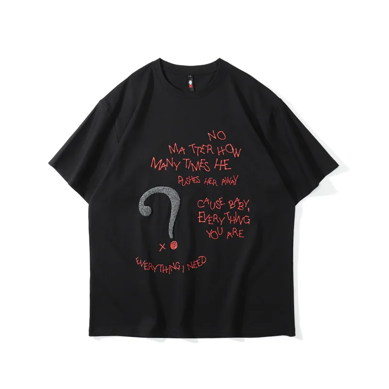 

GTDOM High Street Graffiti Letterprint Question Mark Foam Word Short Sleeve T-shirt Men and Women Hip-hop INS Trend BF Dark