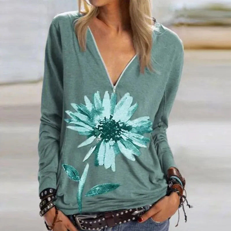 

2021 Casual Women V Neck Zipper Blouse Shirt Elegant Daisy Print Female Tops Spring Autumn Long Sleeve Loose Blusa Pullover 5XL