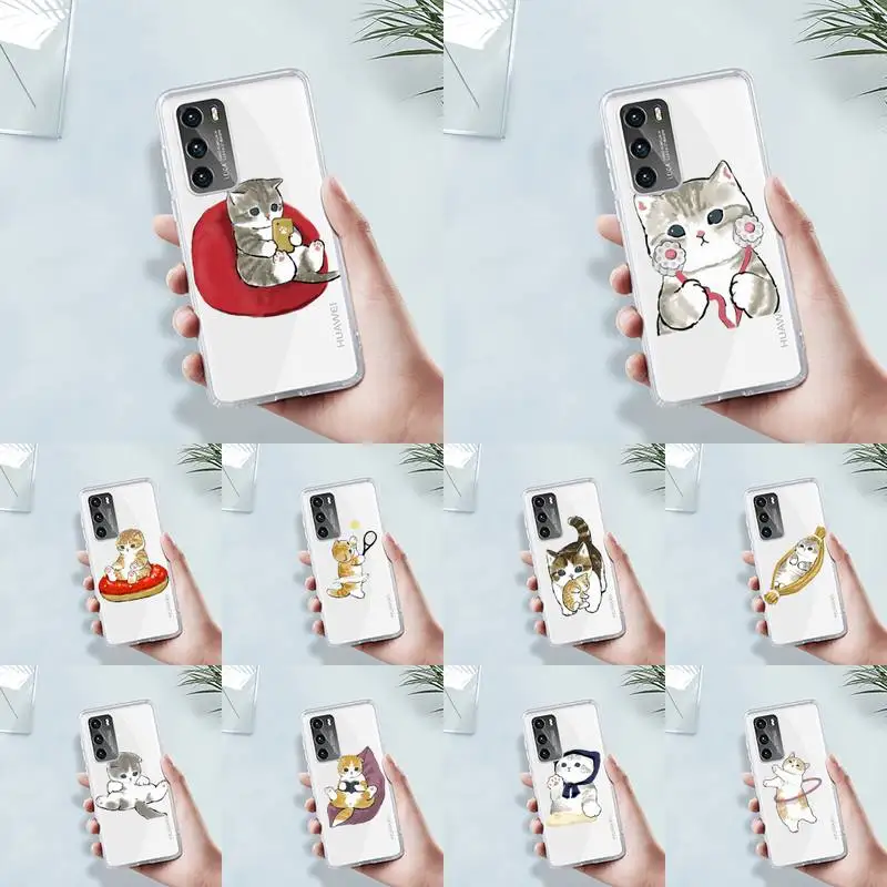 

Cute cartoon cat Phone Case Transparent For Huawei MATE P 40 30 20 10 pro plus lite X 5G Soft TPU Clear Mobile bags