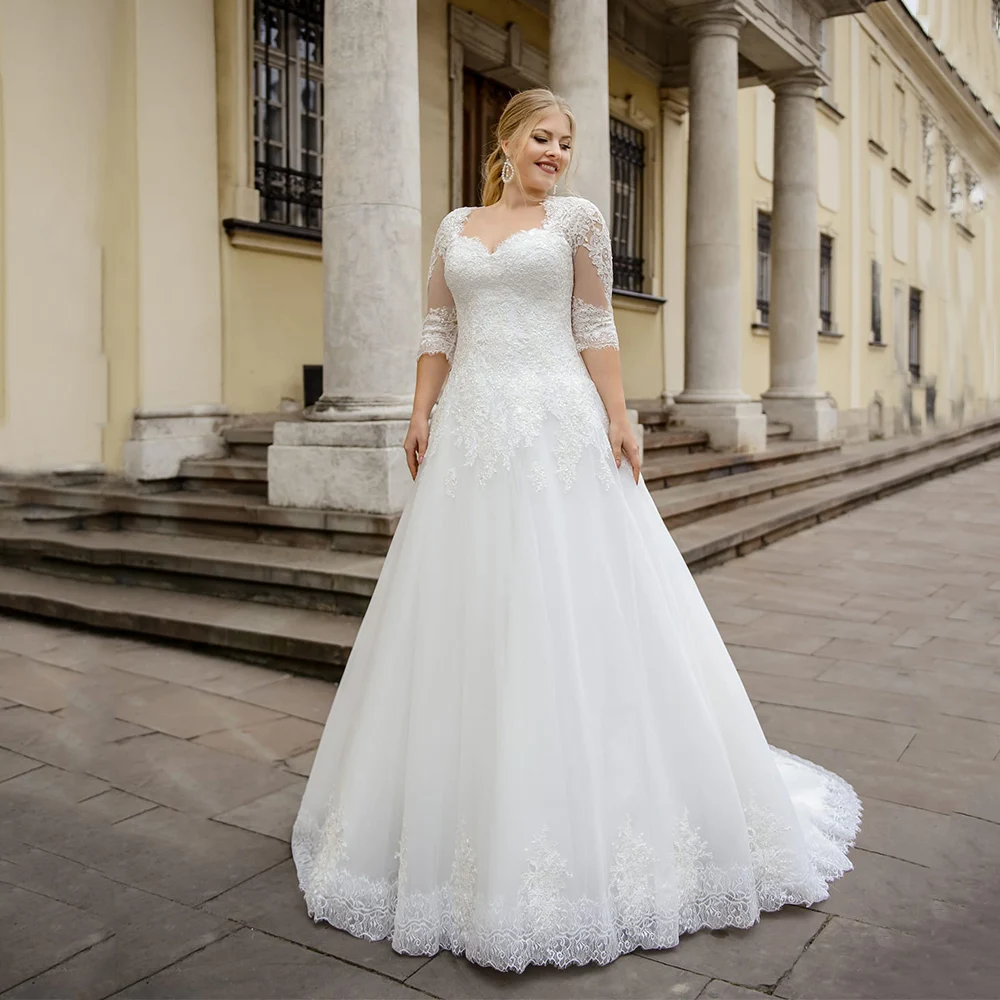 

Plus Size Tulle Bride Dress Long Train Exquisite Lace Floor Length 3/4 Sleeves Corset Straps Bridal Gown Свадебное платье 2021
