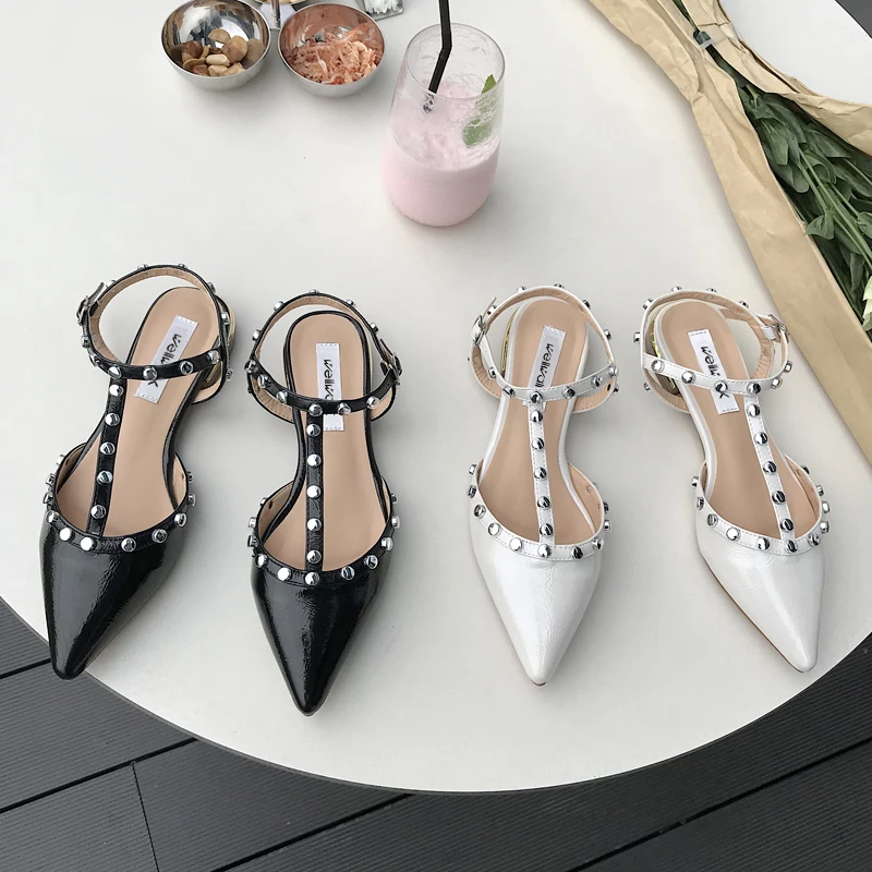 Женская обувь туфли на плоской подошве балетки с острым носком ремешком