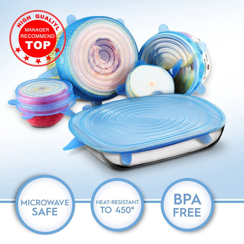 6 шт./компл. многоразовые силиконовые растягивающиеся крышки универсальная