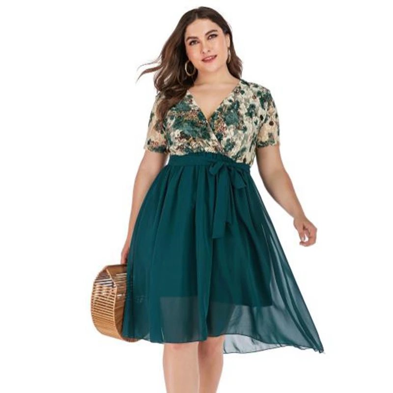 Женское шифоновое платье с кружевом V-образным вырезом и принтом | Женская одежда