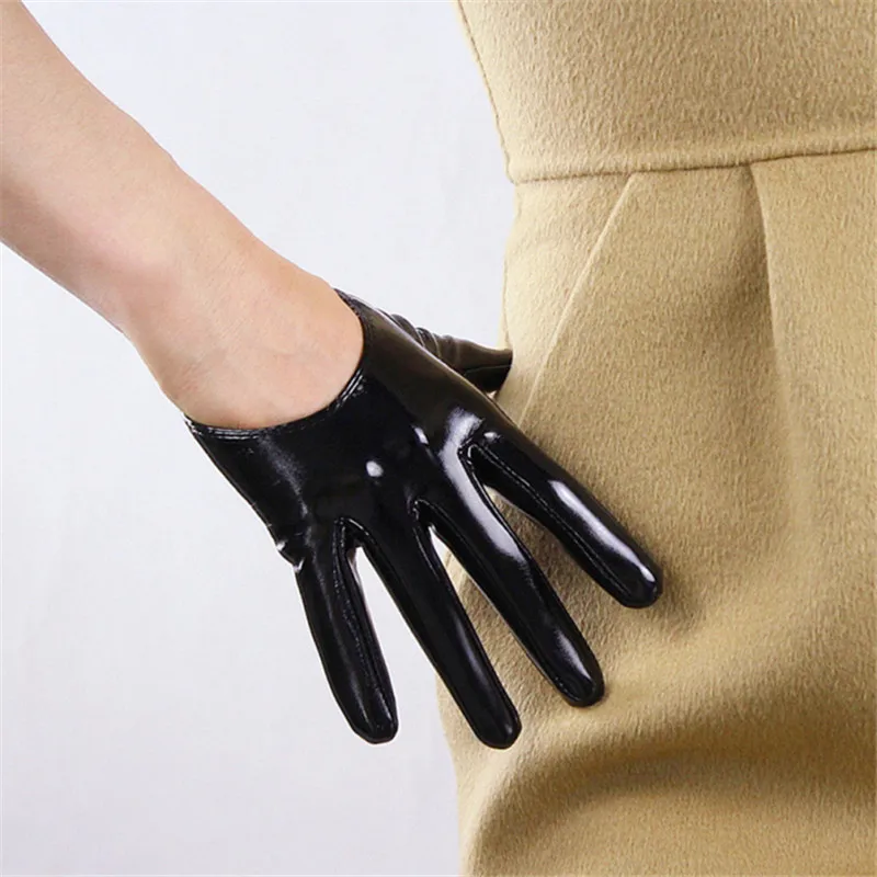 

13cm Patent Leather Ultrashort Gloves Wild Ultra-Fashion Bright Black Female Emulation Leather Bright Leather