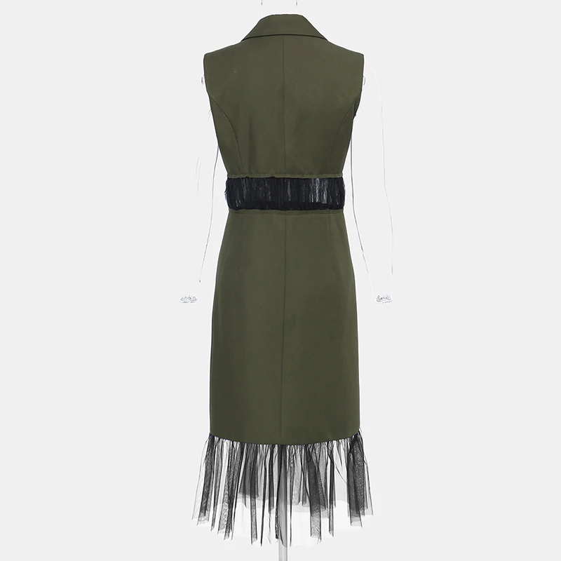 

VGH Splicing Mesh Trench For Women Notched Sleeveless High Waist Casual Midi Windbreaker Female Fashion New clothing 2020 Fall