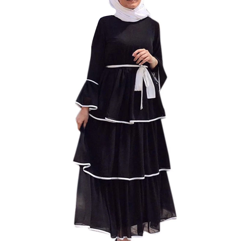 Женские многослойные мусульманские модные однотонные платья Рамадан ИД абайя Дубай Турция ислам одежда