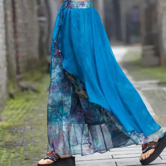 Vintage 70s ethnic long two layers asmmetrical print wide leg pant 2020 women Mexico style trousers capris AF508 | Женская одежда