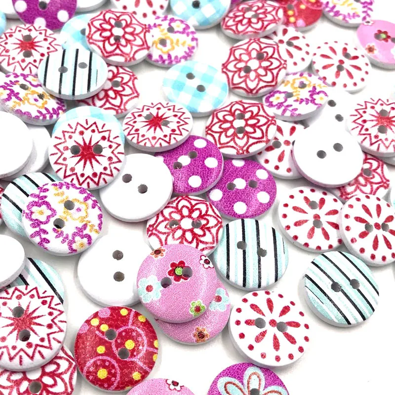 

50pcs 15mm Mixed round retro Floral printing pattern wood decorative button2 holes Sewing wood button flatback Scrapbook WB440