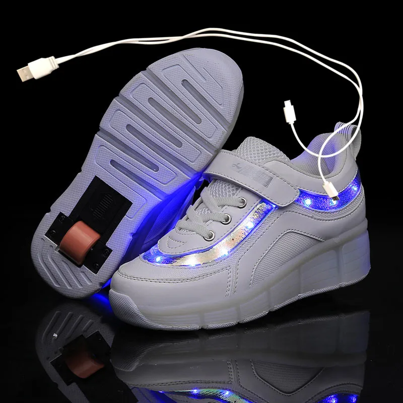 

Детские кроссовки с колесиками, модная обувь для роликовых коньков, со светодиодсветильник кой, зарядка через USB, черные розовые белые