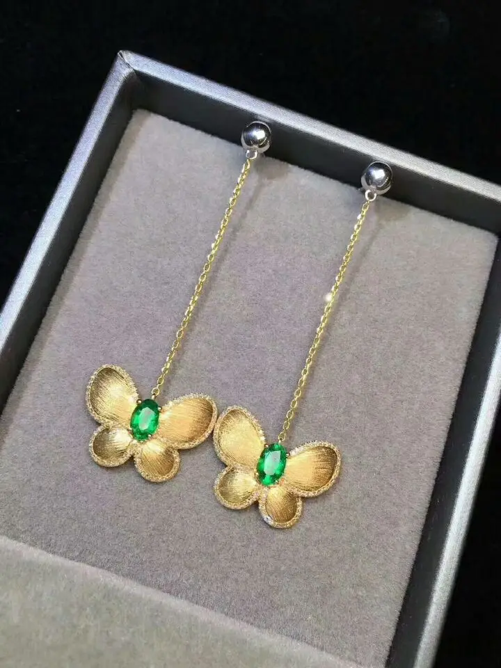 MeiBaPJ серьги-подвески с натуральными изумрудными камнями Бабочка Настоящее