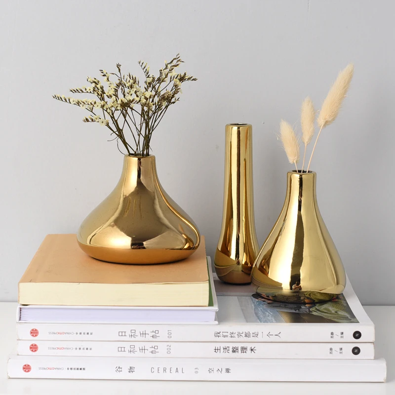 Jarrón de oro plateado de lujo para decoración de escritorio, florero de cerámica, estilo nórdico, miniflorero moderno, para el hogar y la Oficina