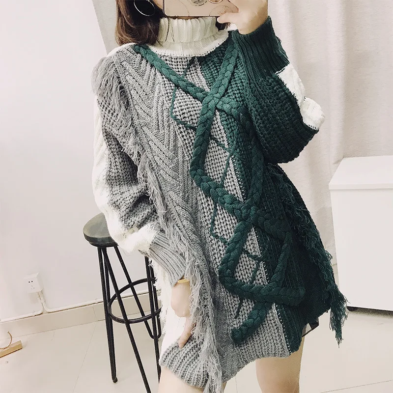 LANMREM 2020 Новая мода хит цвет лоскутное кисточкой свитер женский длинный рукав