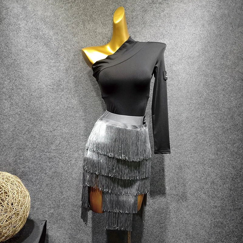 Топы для латиноамериканских танцев женский осенний Черный трико с одним длинным