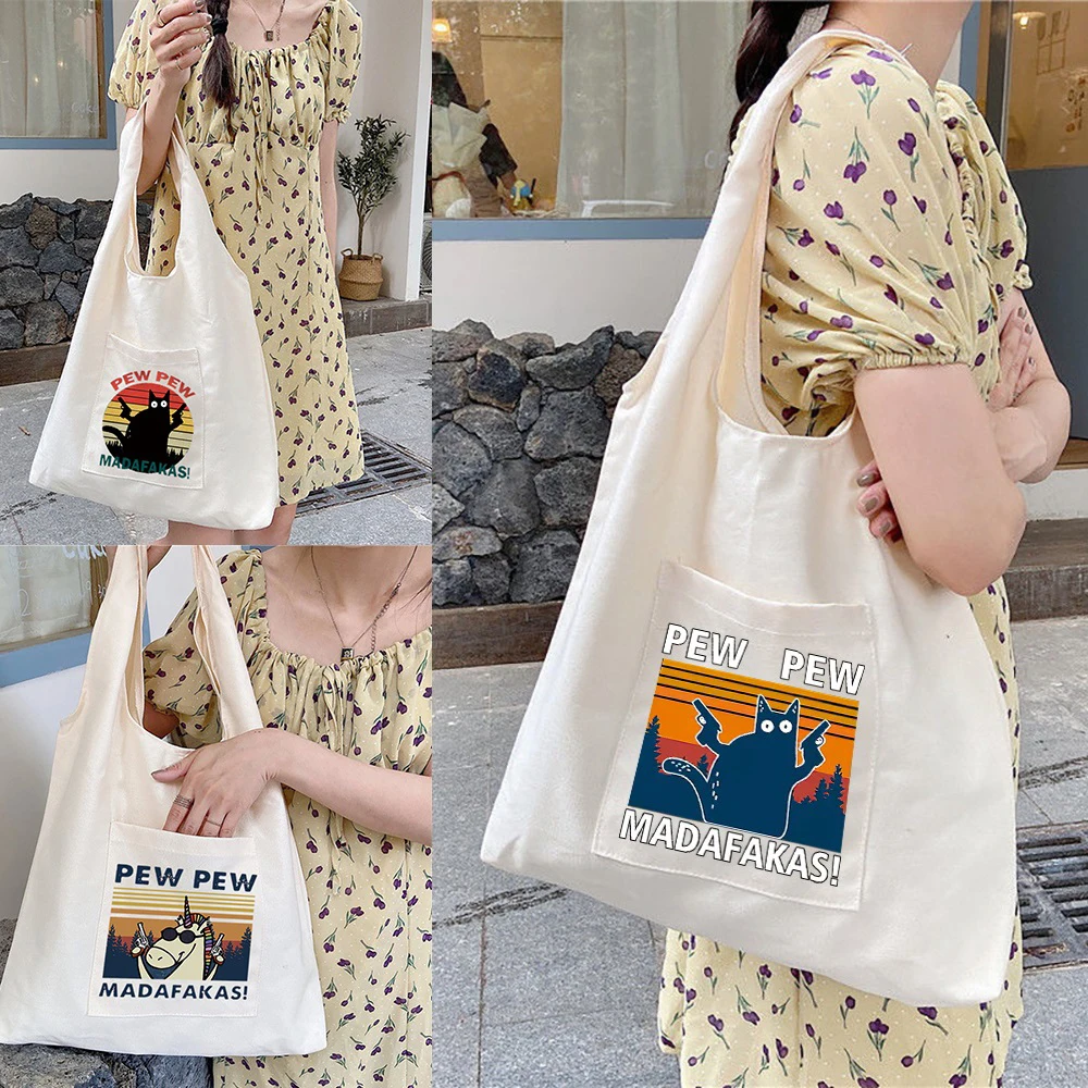 

Women's Shopper Shopping Bags Canvas Commuter Vest Bag Printed Pew Pattern Grocery Handbags Female Eco Messenger Tote School Bag