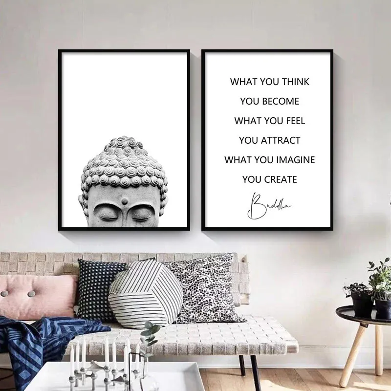 

Zen Buddha Head Statue Poster Motivational Quotes Canvas Painting Minimalist Wall Art Black and White Picture Home Decor