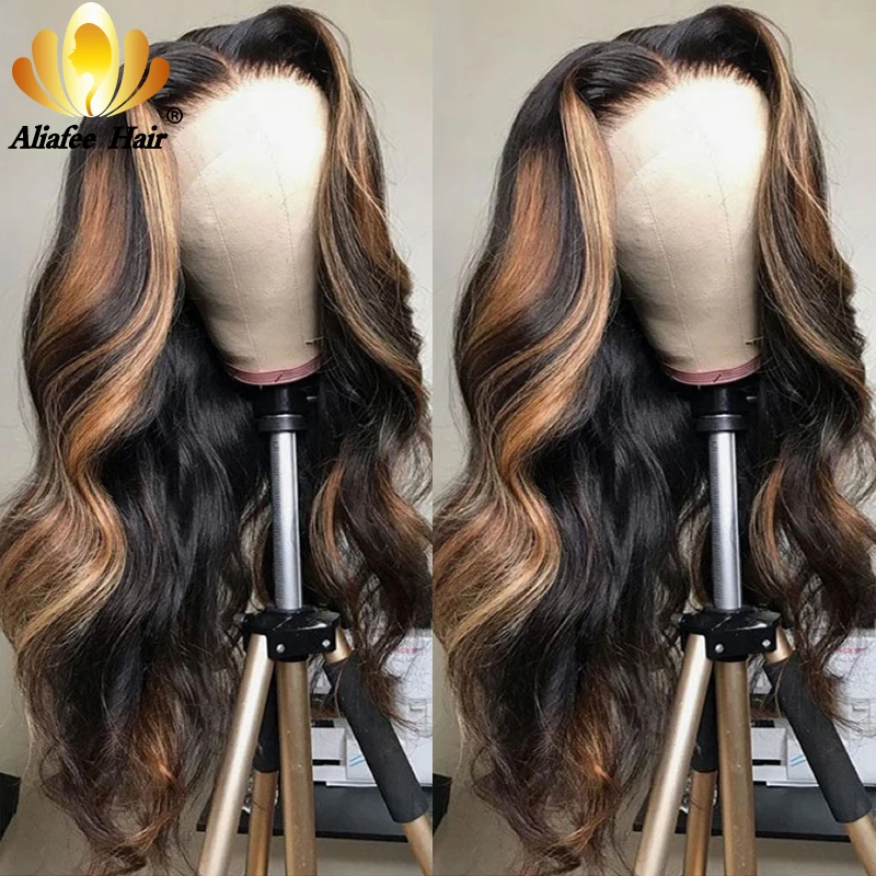 Highlight Wig Ombre Color Brown Honey Blonde Body Wave Lace Closure 4x4 Malaysian Human Hair Wigs 150% Density For Women | Шиньоны и