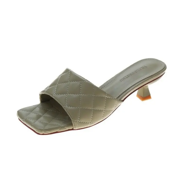 

Shoes Slippers Heels Slides Square Toe Rubber Flip Flops Med Slipers Women High Hawaiian 2021 Rome PU Fabric Basic Hoof Shoes Wo