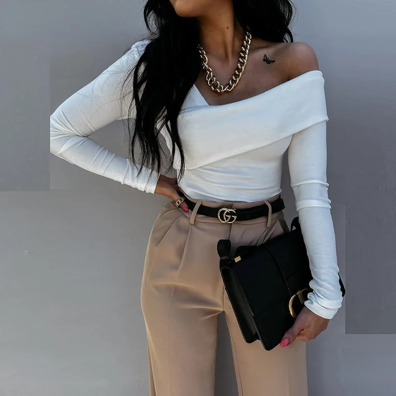 

2021 Autumn Long Sleeve Blouse Sexy One-shoulder Slim Solid Color Pullover Lady Shirt Fashion Vintage Casual Elegant Female Tops