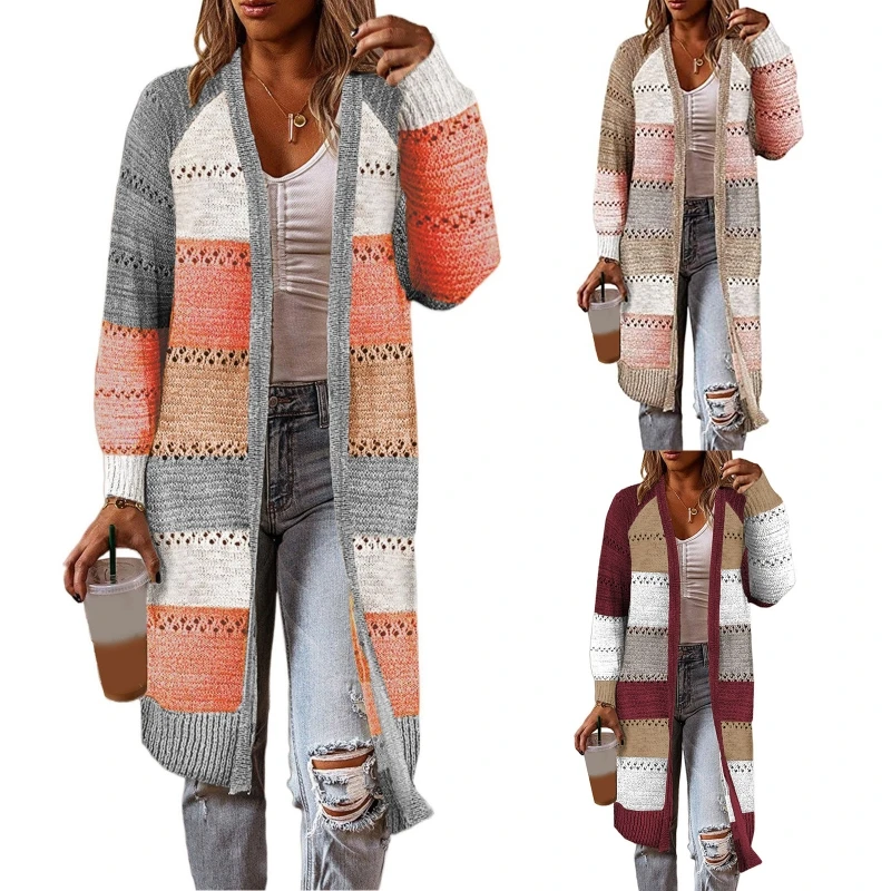 

Women Autumn Long Sleeve Hollow Out Knitted Cardigan Color Block Stripes Patchwork Open Front Sweater Coat Knee Length Casual Lo