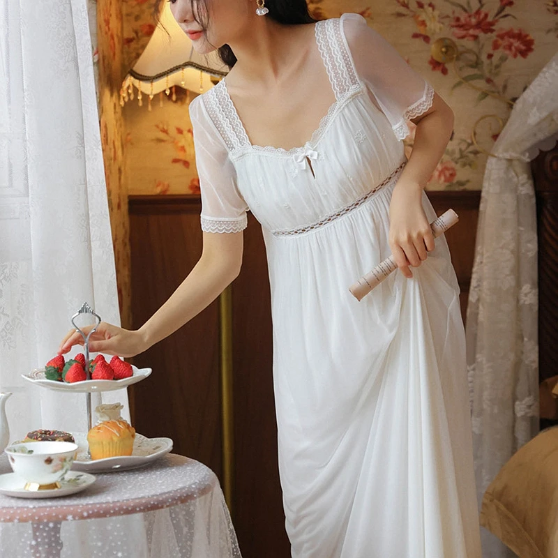 

Elegant Lolita Dresses Women Long Nightgown White Palace Nightdress Girls Nightwear Vintage Negligee Lace U Neck Sleepwear