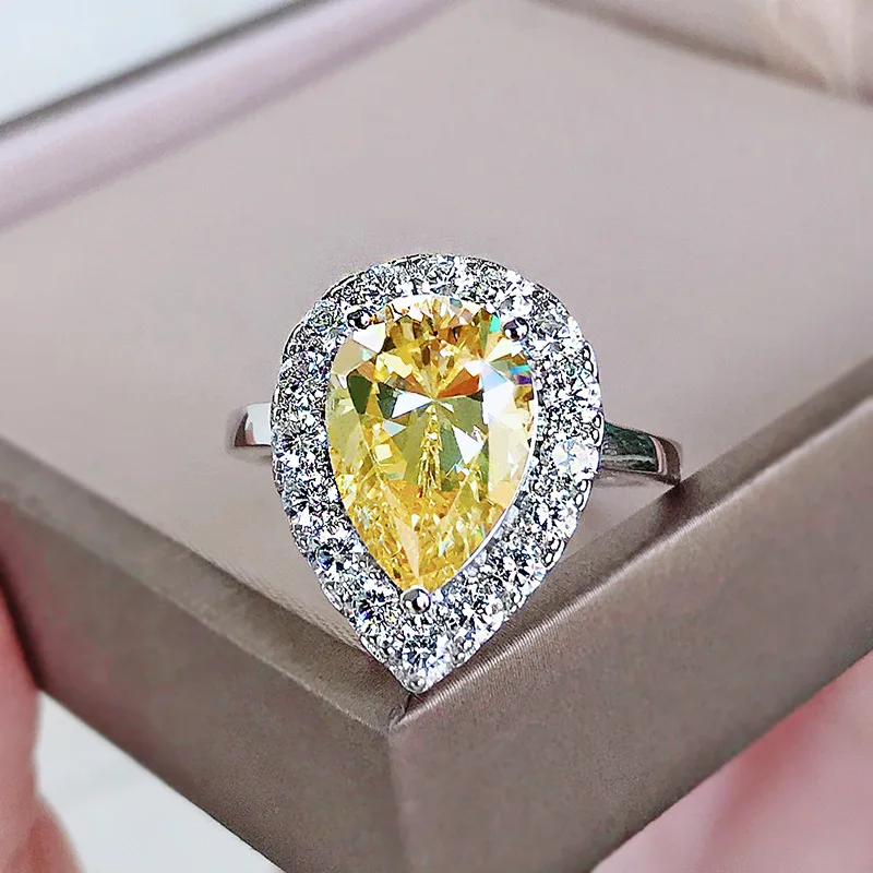 

100% 925 Sterling Silver 9*13MM Pear Created Citrine Gemstone Wedding Engagement Women's Ring Fine Jewelry Wholesale