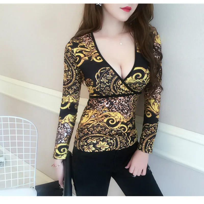 

Sexy Female Slim Bottoming Shirt V-neck Low-cut Waist Slim Slimming Printed Long-sleeved T-shirt with Western Style