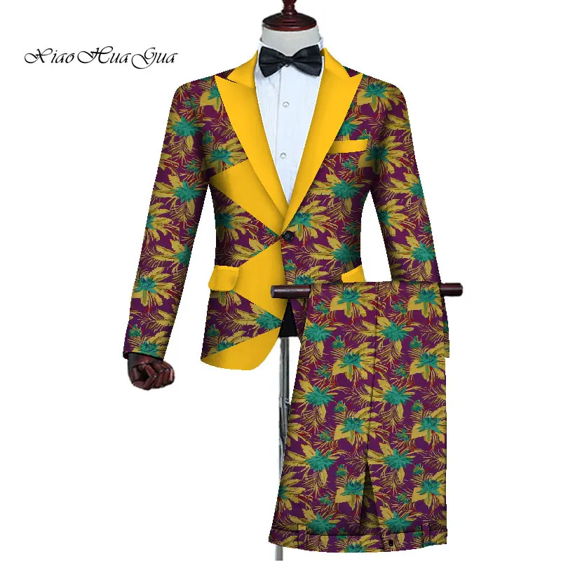 2 Pieces Blazer and Pants Set Mens African Clothing Ankara Clothes Bazin Riche African Wax Print Top Suits and Pants Sets WYN727