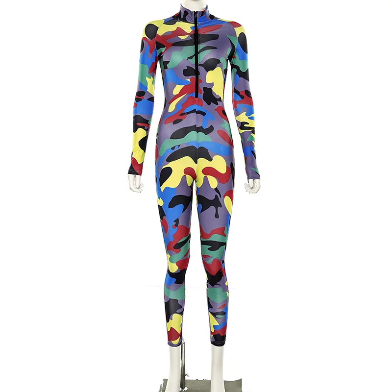 

Angjulie Elastic Elegant Bodycon Long Sleeves Jumpsuit Women 2020 Winter Zipper High Collar Streetwear Skinny Multi Color Romper