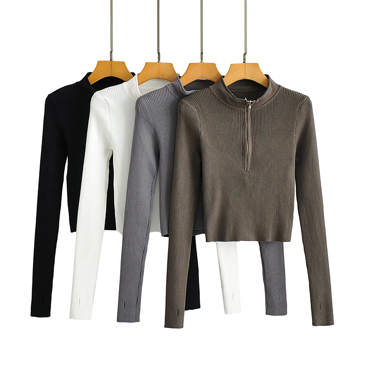 

JC·KILIG 2021 Solid Color Short Zipper Knit Bottom Shirt Y2414