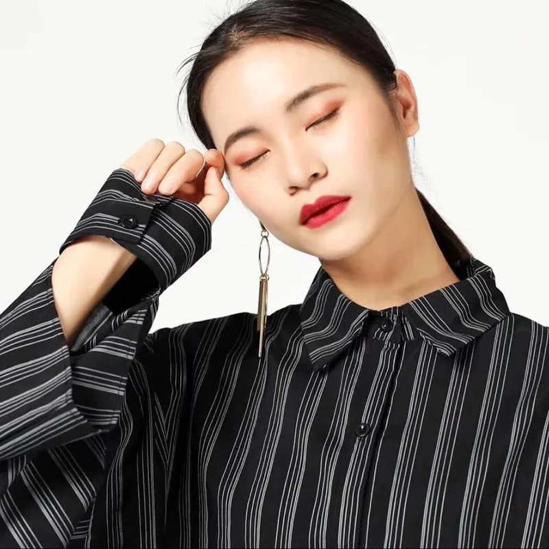 Женское платье в полоску с отложным воротником и рукавом фонариком|Женские