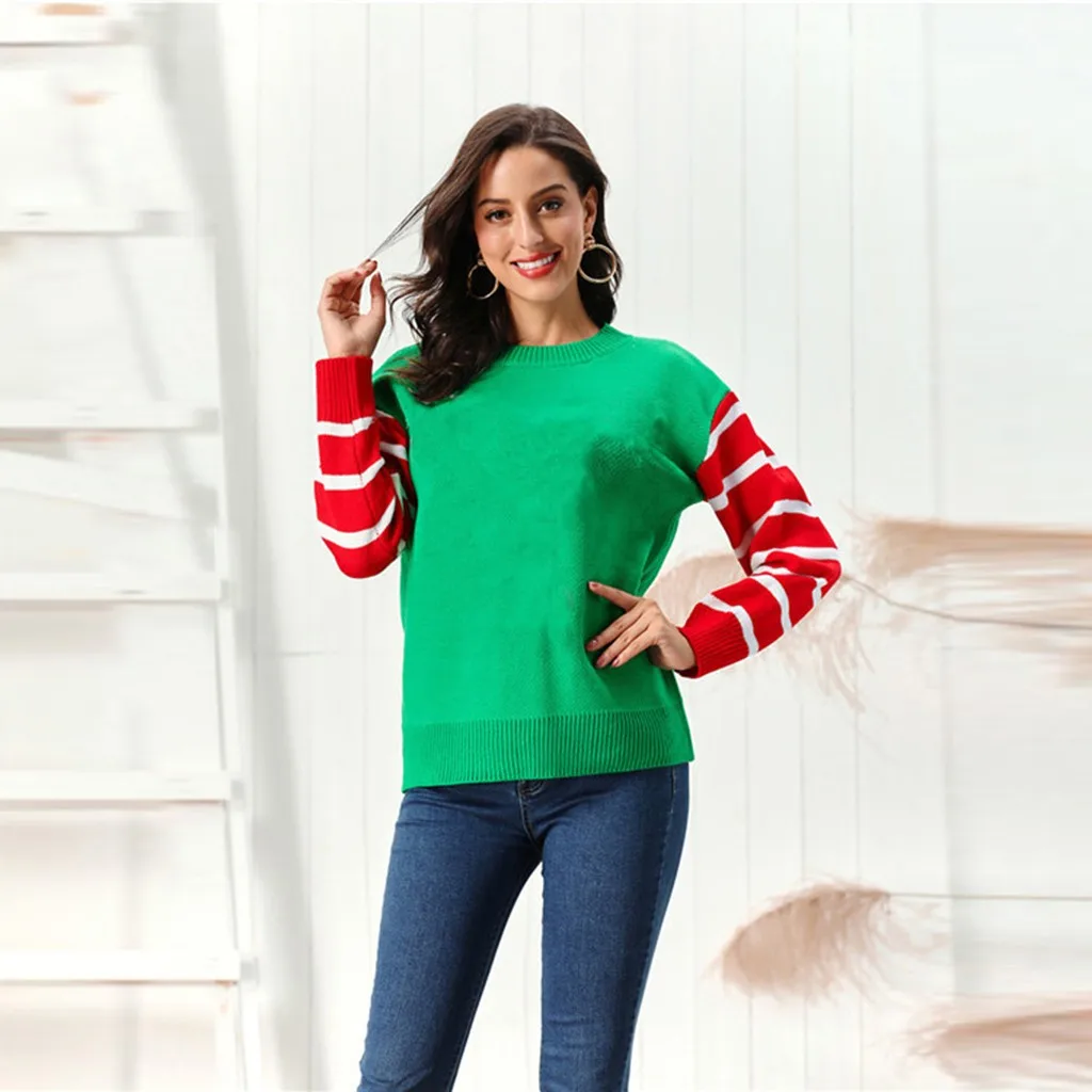 Женский зимний свитер рождественско-красного и зеленого цветов с О-образным